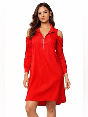 Catherine Malandrino Red Cold Shoulder Dress Zip Front Ring Pull NWT Size S